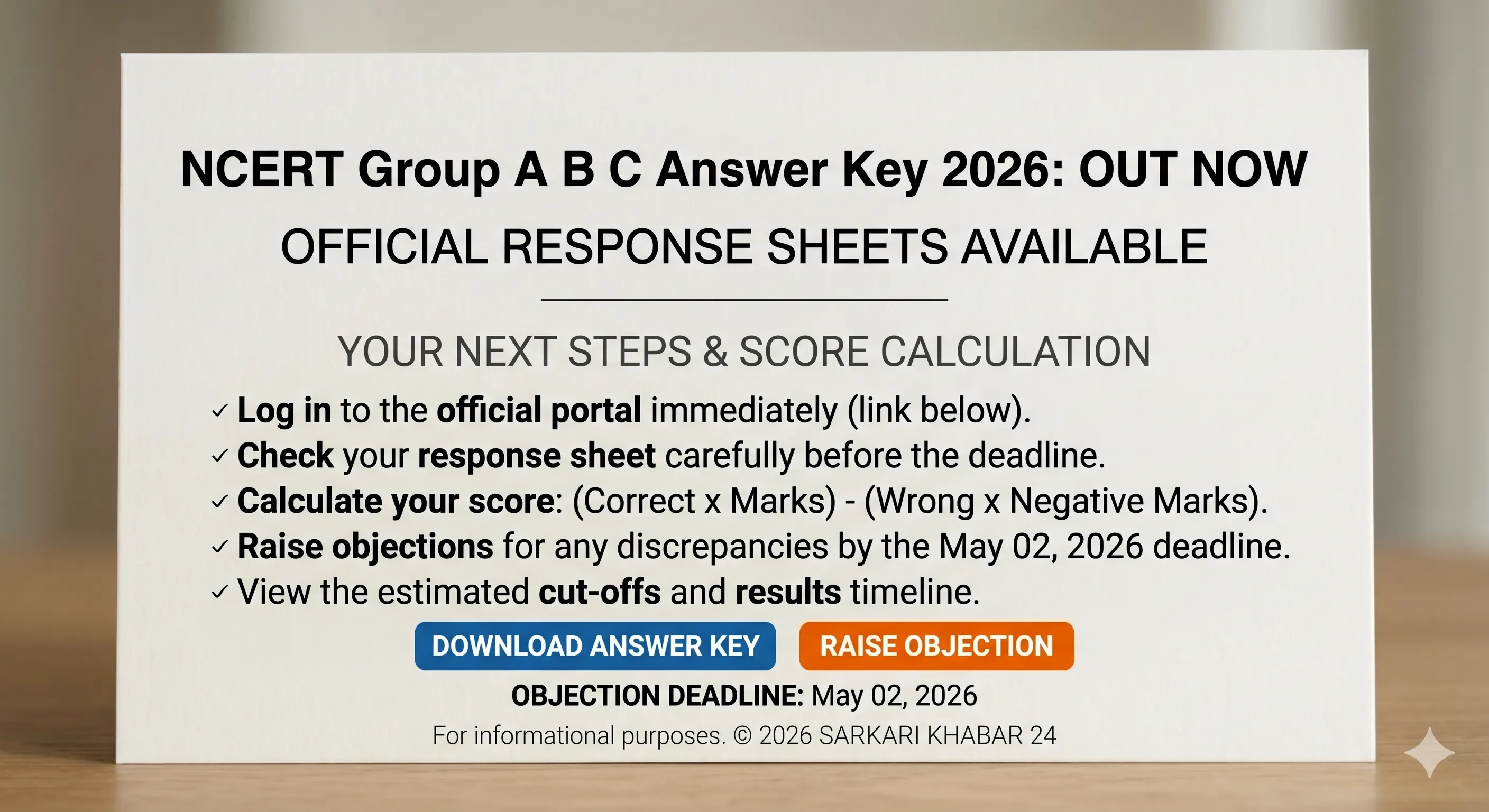 NCERT Group A B C Various Post Answer Key 2026: Download Response Sheet & Check Cut-off